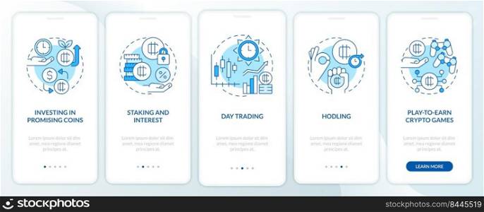 Making money on cryptocurrency blue onboarding mobile app screen. Walkthrough 5 steps editable graphic instructions with linear concepts. UI, UX, GUI template. Myriad Pro-Bold, Regular fonts used. Making money on cryptocurrency blue onboarding mobile app screen