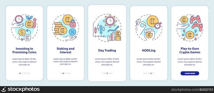 Making money on cryptocurrency onboarding mobile app screen. Profit walkthrough 5 steps editable graphic instructions with linear concepts. UI, UX, GUI template. Myriad Pro-Bold, Regular fonts used. Making money on cryptocurrency onboarding mobile app screen