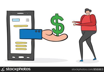 Making money on smartphone and internet. Black outlines and colored.