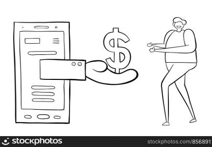 Making money on smartphone and internet. Black outlines and white.
