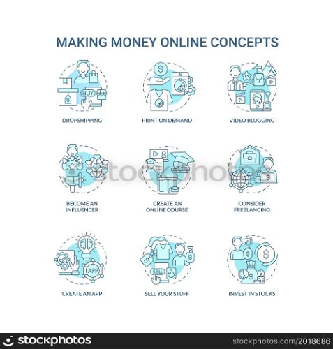 Making money online blue concept icons set. Digital entrepreneurship idea thin line color illustrations. Become influencer. Sell own stuff. Vector isolated outline drawings. Editable stroke. Making money online blue concept icons set