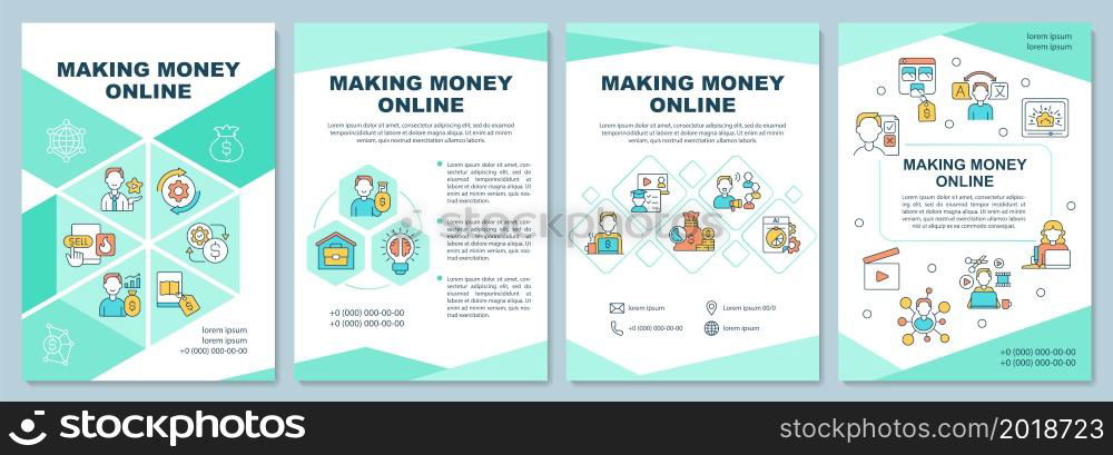 Making money online brochure template. Freelance job. Flyer, booklet, leaflet print, cover design with linear icons. Vector layouts for presentation, annual reports, advertisement pages. Making money online brochure template