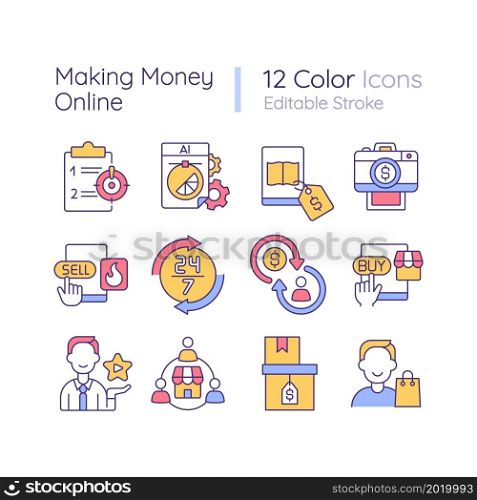 Making money online RGB color icons set. Ecommerce platform. Online shopping. Hot deals. Customer satisfaction. Isolated vector illustrations. Simple filled line drawings collection. Editable stroke. Making money online RGB color icons set