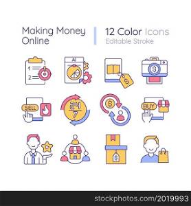 Making money online RGB color icons set. Ecommerce platform. Online shopping. Hot deals. Customer satisfaction. Isolated vector illustrations. Simple filled line drawings collection. Editable stroke. Making money online RGB color icons set