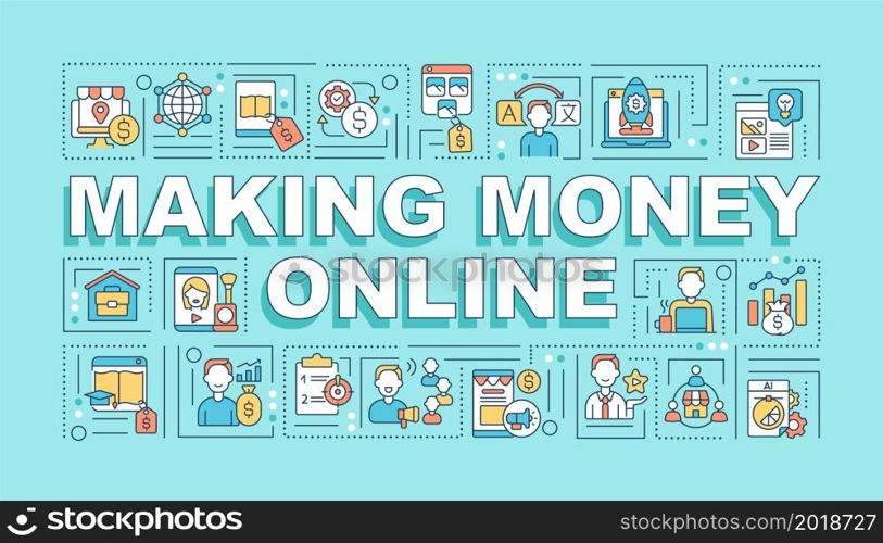 Making money online word concepts banner. Getting passive income at home. Infographics with linear icons on mint background. Isolated creative typography. Vector outline color illustration with text. Making money online word concepts banner