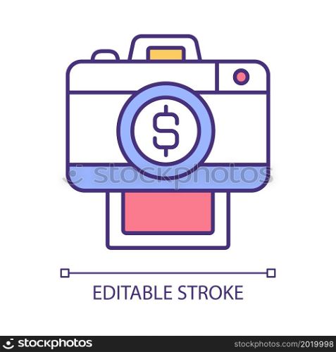 Making money with photography RGB color icon. Photographer career. Selling photos. Profitable profession. Earning extra cash. Isolated vector illustration. Simple filled line drawing. Editable stroke. Making money with photography RGB color icon