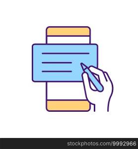 Making notes RGB color icon. Writing down smallk parts of document agreement from both sides of conversation. Way of services and products providing for customers. Isolated vector illustration. Making notes RGB color icon