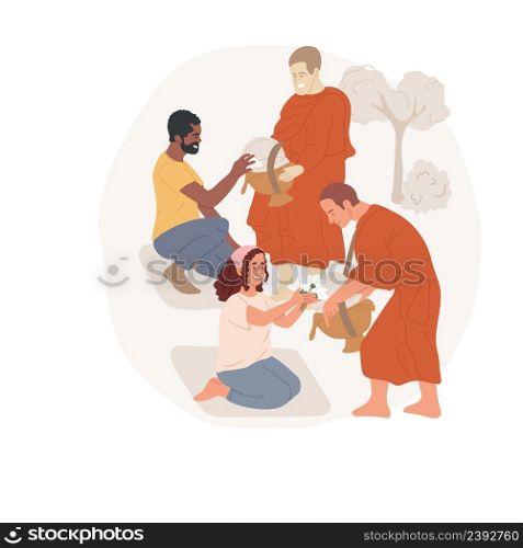 Making offerings isolated cartoon vector illustration People making offerings during Vesak day, Buddhist religious festivals celebration, spiritual practices and observances vector cartoon.. Making offerings isolated cartoon vector illustration