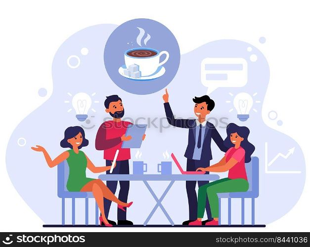 Making order in coffee shop. Group of people at table with hot drinks and waiter flat vector illustration. Meeting, coffee break, friendship concept for banner, website design or landing web page