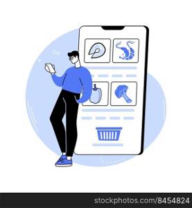 Making order online isolated cartoon vector illustrations. Young man holding phone in hands and buying food online, grocery shopping via internet, curbside pickup service vector cartoon.. Making order online isolated cartoon vector illustrations.