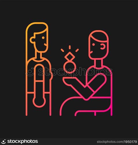 Making proposal gradient vector icon for dark theme.Romantic engagement. Will you marry me. One knee proposal. Thin line color symbol. Modern style pictogram. Vector isolated outline drawing. Making proposal gradient vector icon for dark theme