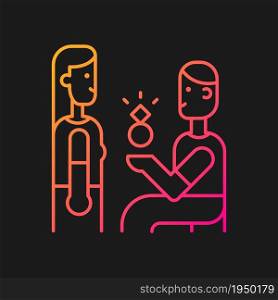 Making proposal gradient vector icon for dark theme.Romantic engagement. Will you marry me. One knee proposal. Thin line color symbol. Modern style pictogram. Vector isolated outline drawing. Making proposal gradient vector icon for dark theme