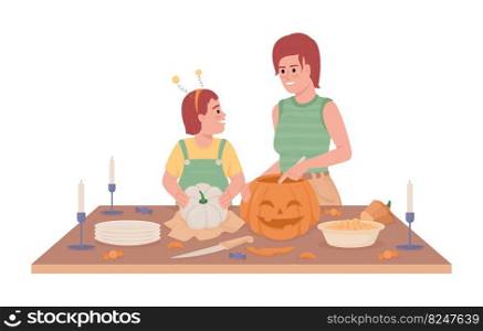 Making pumpkin decoration semi flat color vector characters. Editable figures. Full body people on white. Halloween preparations simple cartoon style illustration for web graphic design and animation. Making pumpkin decoration semi flat color vector characters