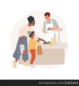 Making purchase isolated cartoon vector illustration Kid put groceries on the register belt, helping mom shopping, family life, paying for purchase, buying food at supermarket vector cartoon.. Making purchase isolated cartoon vector illustration