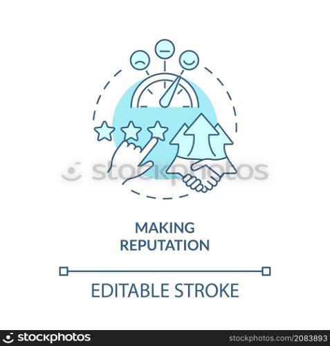 Making reputation turquoise concept icon. Customer service benefits abstract idea thin line illustration. Isolated outline drawing. Editable stroke. Roboto-Medium, Myriad Pro-Bold fonts used. Making reputation turquoise concept icon
