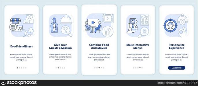 Making restaurant special light blue onboarding mobile app screen. Walkthrough 5 steps editable graphic instructions with linear concepts. UI, UX, GUI template. Myriad Pro-Bold, Regular fonts used. Making restaurant special light blue onboarding mobile app screen