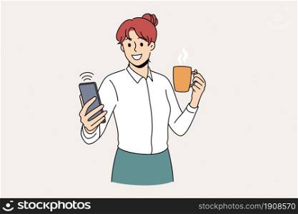 Making selfie and technologies concept. Young smiling woman office worker cartoon character standing holding cup oh hot drink making selfie on camera vector illustration . Making selfie and technologies concept.