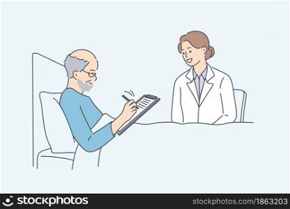 Making will and approval for operation concept. Old smiling ill man sitting in bed signing will or approval in hospital with doctor nurse sitting nearby vector illustration . Making will and approval for operation concept.