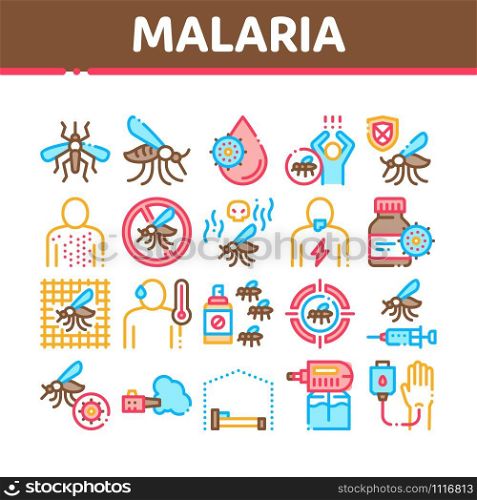 Malaria Illness Dengue Collection Icons Set Vector Thin Line. Malaria Mosquito, Spray And Protect Cream Bottle, Sick Human And Treatment Concept Linear Pictograms. Color Contour Illustrations. Malaria Illness Dengue Collection Icons Set Vector