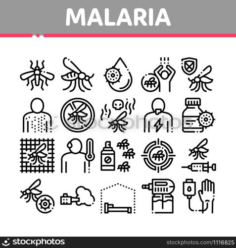 Malaria Illness Dengue Collection Icons Set Vector Thin Line. Malaria Mosquito, Spray And Protect Cream Bottle, Sick Human And Treatment Concept Linear Pictograms. Monochrome Contour Illustrations. Malaria Illness Dengue Collection Icons Set Vector
