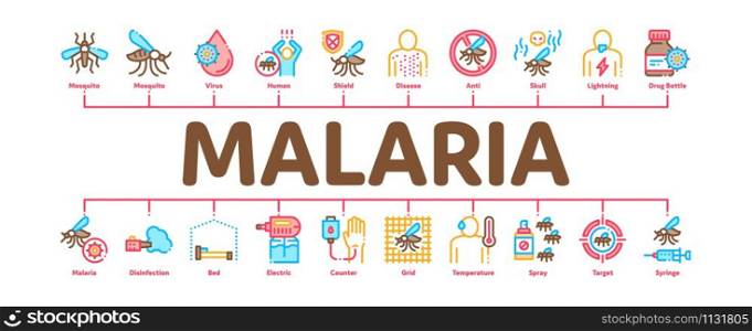 Malaria Illness Dengue Minimal Infographic Web Banner Vector. Malaria Mosquito, Spray And Protect Cream Bottle, Sick Human And Treatment Color Concept Illustrations. Malaria Illness Dengue Minimal Infographic Banner Vector