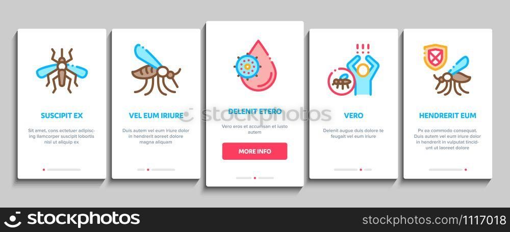 Malaria Illness Dengue Onboarding Mobile App Page Screen. Malaria Mosquito, Spray And Protect Cream Bottle, Sick Human And Treatment Concept Illustrations. Malaria Illness Dengue Onboarding Elements Icons Set Vector