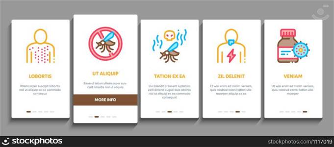 Malaria Illness Dengue Onboarding Mobile App Page Screen. Malaria Mosquito, Spray And Protect Cream Bottle, Sick Human And Treatment Concept Illustrations. Malaria Illness Dengue Onboarding Elements Icons Set Vector