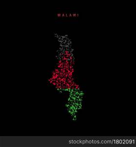 Malawi flag map, chaotic particles pattern in the colors of the Malawian flag. Vector illustration isolated on black background.. Malawi flag map, chaotic particles pattern in the Malawian flag colors. Vector illustration