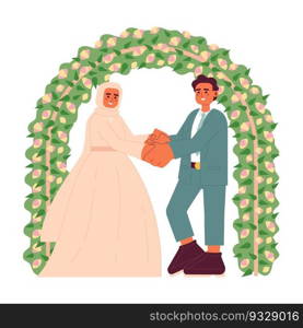 Malay wedding flat concept vector spot illustration. Bridal hijab woman and bridegroom 2D cartoon characters on white for web UI design. Muslim marriage ceremony isolated editable creative hero image. Malay wedding flat concept vector spot illustration