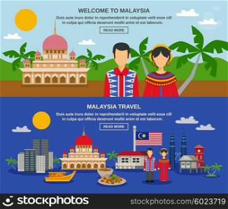 Malaysia Culture 2 Flat Banners Webpage Design. Malaysia culture for travelers with famous twin towers night landscape 2 flat horizontal banners composition vector isolated illustration