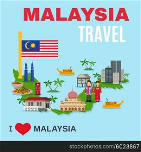 Malaysia Culture Travel Agency Flat Poster. World travel agency malaysia top cultural tourists attraction poster with national symbols and country map flat vector illustration