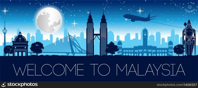 Malaysia famous landmark night time silhouette design,vector illustration
