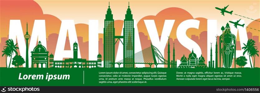 Malaysia famous landmark silhouette style,text within,vector illustration
