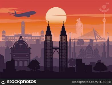 Malaysia famous landmark silhouette style with row design on sunset time,vintage color,vector illustration