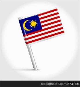Malaysia map pin flag icon. Malaysian pennant map marker on a metal needle. 3D realistic vector illustration.. Malaysia map pin flag. 3D realistic vector illustration