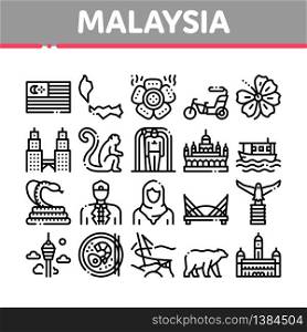Malaysia National Collection Icons Set Vector. Malaysia Flag And Architecture Building, Monkey And Snake, Traditional Food And Clothes Concept Linear Pictograms. Monochrome Contour Illustrations. Malaysia National Collection Icons Set Vector