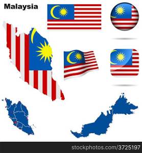 Malaysia vector set. Detailed country shape with region borders, flags and icons isolated on white background.
