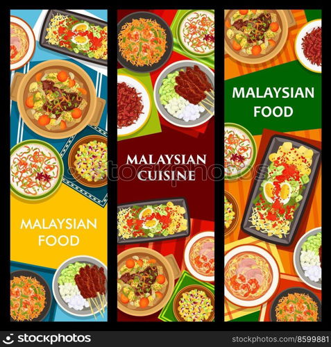 Malaysian cuisine banners, Asian food and restaurant lunch and dinner meals, vector menu. Malaysian traditional kitchen dishes sesame beef, seafood risotto and vegetables salad with chicken satay. Malaysian food cuisine, dishes meals menu banners