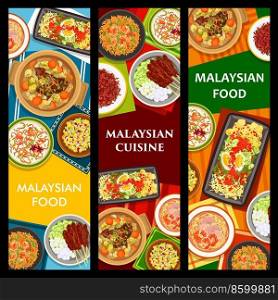Malaysian cuisine banners, Asian food and restaurant lunch and dinner meals, vector menu. Malaysian traditional kitchen dishes sesame beef, seafood risotto and vegetables salad with chicken satay. Malaysian food cuisine, dishes meals menu banners