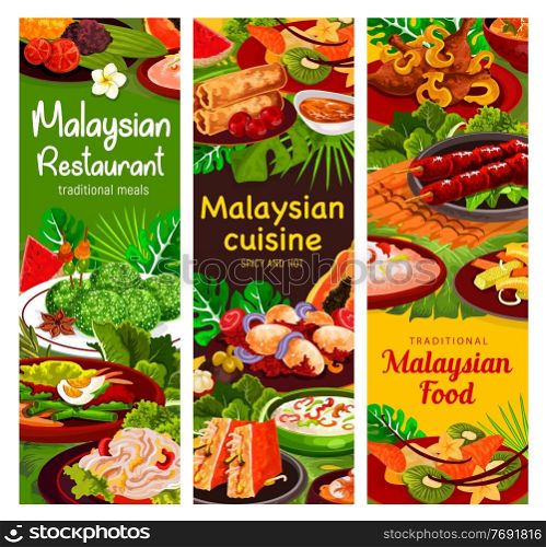 Malaysian cuisine banners of vector vegetable, meat and seafood meal with rice dessert. Shrimp spring rolls, egg curry and beef rendang, veggie salad, chicken satay, stuffed tofu and peanut sauce. Malaysian cuisine banner, vegetable, meat, seafood