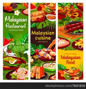 Malaysian cuisine banners of vector vegetable, meat and seafood meal with rice dessert. Shrimp spring rolls, egg curry and beef rendang, veggie salad, chicken satay, stuffed tofu and peanut sauce. Malaysian cuisine banner, vegetable, meat, seafood