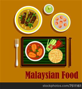 Malaysian cuisine dinner flat icons with nasi lemak rice with cucumber, carrot and pepper sticks and fish curry, served on banana leaf, beef rendang, shrimp with sesame and green tea. Flat vector. Malaysian cuisine traditional dinner icons
