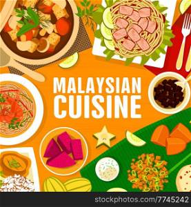 Malaysian cuisine menu cover, Asian food dishes and Malay meals, vector rice and curry. Malaysian traditional cuisine dinner or lunch, spring rolls, curry pies and prawn fritters with stuffed pancakes. Malaysian cuisine menu cover, Asian food dishes