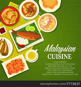Malaysian cuisine menu cover template. Soto Ayam soup, grilled fish with coconut crust and fish curry, beef ribs soup Bak Kut Teh, chilli shrimps and peppers stuffed with fish, pie Kuih Bakar Pandan. Malaysian cuisine restaurant menu cover template