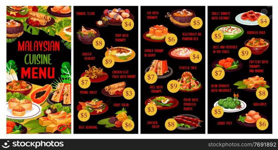 Malaysian cuisine menu meals with vector Asian seafood, vegetable and meat food. Rice, coconut beef stew and soups with noodles, shrimps and chicken, grilled fish, fruit salad, spring rolls and curry. Malaysian cuisine menu meals, Asian food