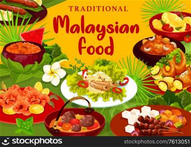Malaysian cuisine menu vector cover. Beef rib soup and fried shrimps, bean sprouts with anchovies, fish curry, stuffed crab claws, Devils meat, cucumber and pineapple salad. Restaurant food menu. Malaysian restaurant menu vector cover