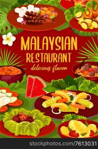 Malaysian cuisine restaurant dishes vector menu. Meat stew, fish curry and marinaded vegetables, beef rib soup, stuffed crab claws and pineapple salad. Malaysian meals with meat, herbs and fruits. Malaysian cuisine restaurant dishes vector menu