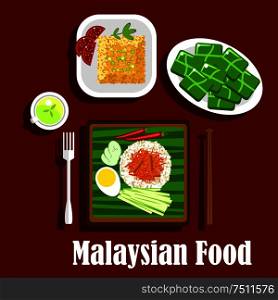 Malaysian cuisine rice dishes with fragrant rice nasi lemak with boiled egg, lamb curry, cucumbers, and chilli, fried rice with tomatoes and green tea with rice desserts, wrapped in banana leaves. Popular rice dishes of malaysian cuisine