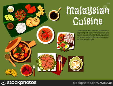 Malaysian cuisine with nasi lemak rice and prawn noodle, tofu noodle with curry, pork stew with mushrooms and tofu, passion fruit and carambola, mango, pineapple with bread and dessert on banana leaf. Malaysian cuisine dishes and tasty desserts