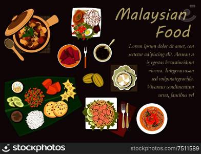 Malaysian cuisine with nasi lemak rice, prawn noodle, tofu noodle with curry, pork stew with mushrooms and tofu, passion fruit, carambola, mango, pineapple fruits with bread and dessert on banana leaf. Malaysian cuisine dishes and desserts